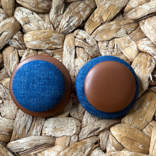 Denim/Brown Vegan Leather {XL Button Earrings}